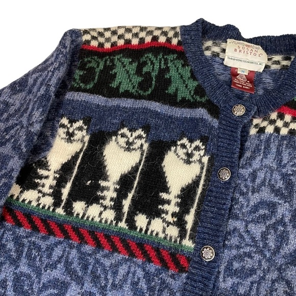 Vintage 90s Susan Bristol Pure Wool Cat Cardigan Sweater Medium - Picture 11 of 13
